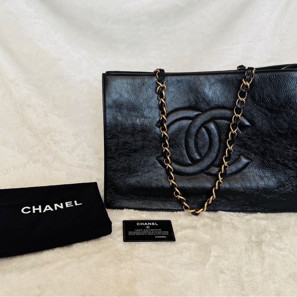 Chanel Black Leather Shoulder Bag with Gold Chain Straps
